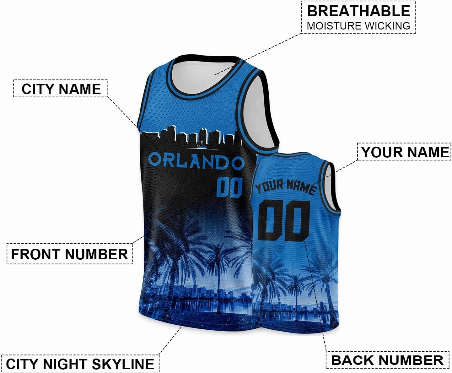 Custom Basketball Jersey City Night Skyline Shirt - Add Your Name and Number - Team Uniform for Men and Youth
