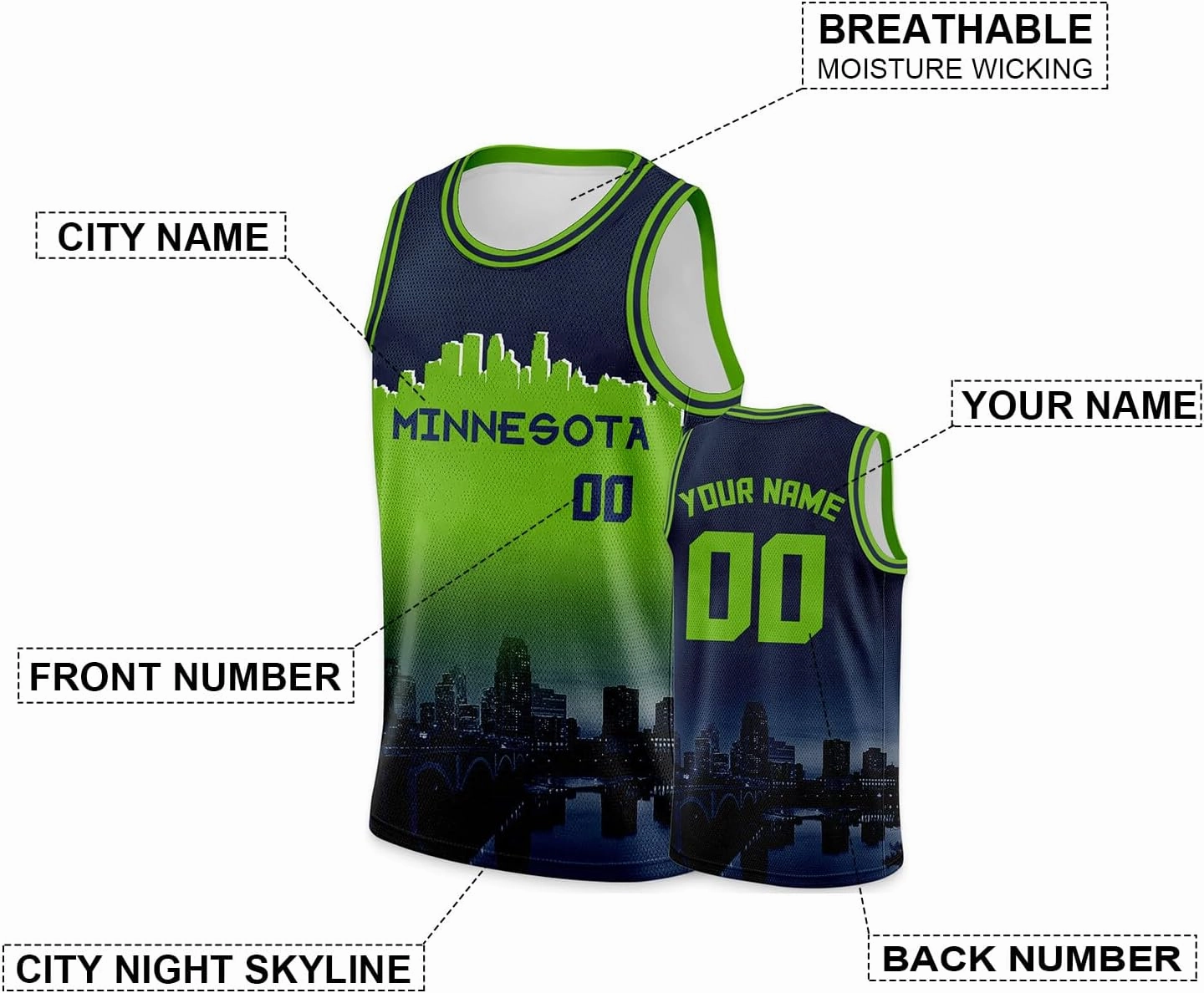 Custom Basketball Jersey City Night Skyline Shirt - Add Your Name and Number - Team Uniform for Men and Youth