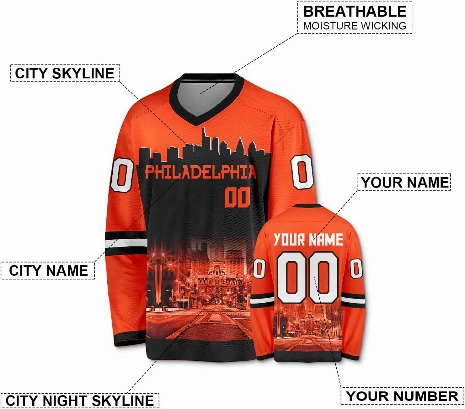Custom Hockey Jersey City Night Skyline Shirts for Fans Men, Women, Youth Gifts Personalized Name Number S-5XL