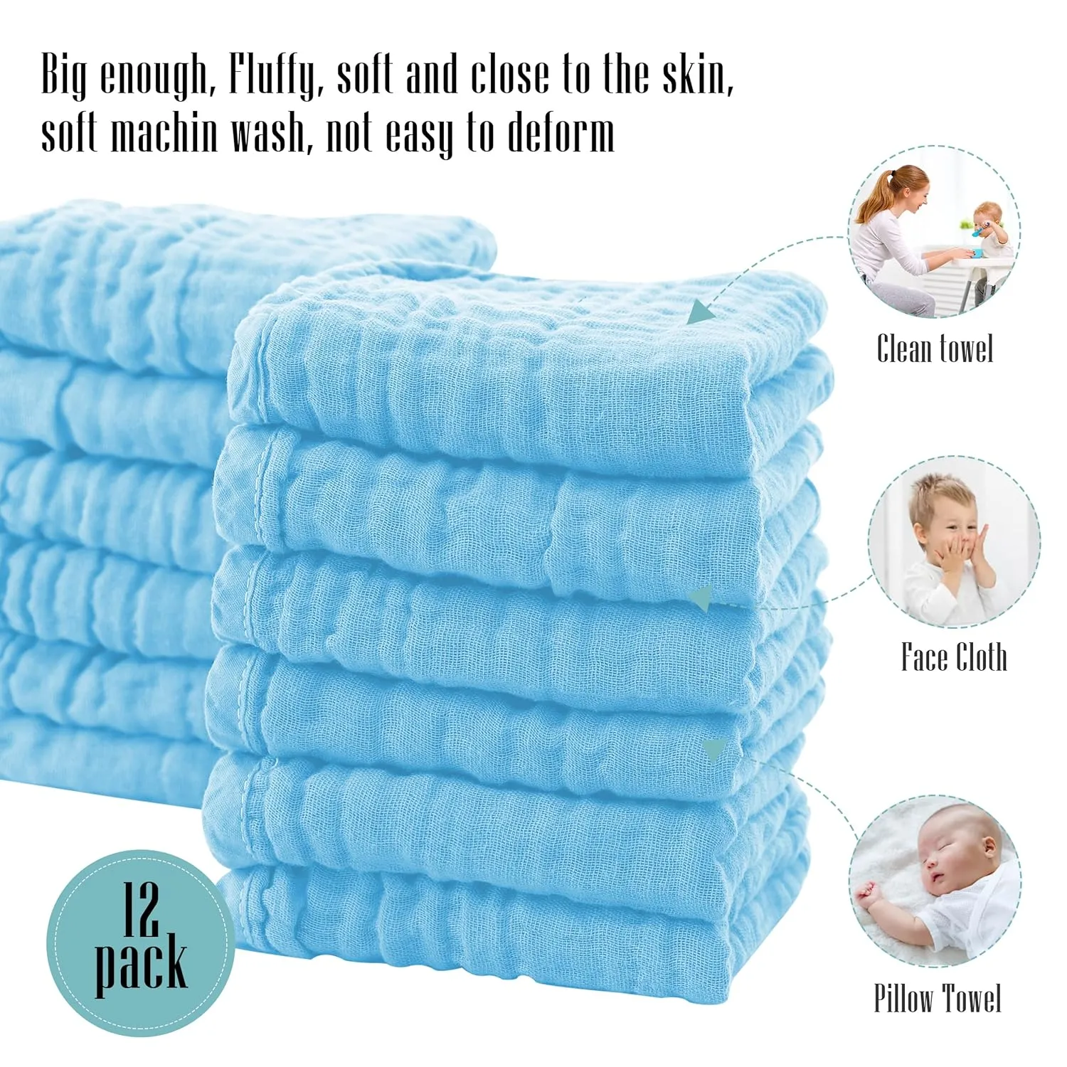 Cute Castle 12 Pack Muslin Burp Cloths for Baby - Ultra-Soft 100% Cotton Baby Washcloths - Large 20'' by 10'' Super Absorbent Milk Spit Up Rags - Burpy Cloths for Unisex, Boy, Girl - Aquamarine