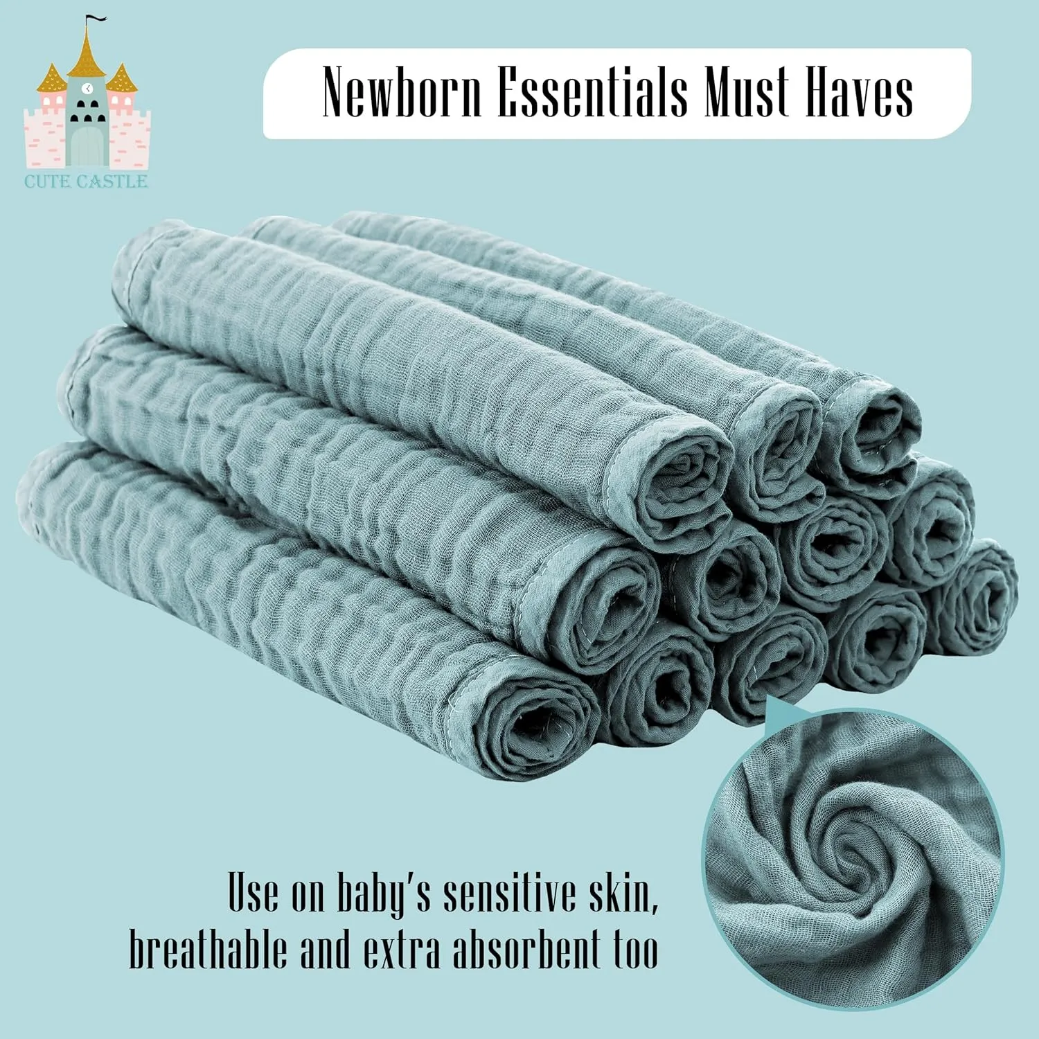 Cute Castle 12 Pack Muslin Burp Cloths for Baby - Ultra-Soft 100% Cotton Baby Washcloths - Large 20'' by 10'' Super Absorbent Milk Spit Up Rags - Burpy Cloths for Unisex, Boy, Girl - Dark Green