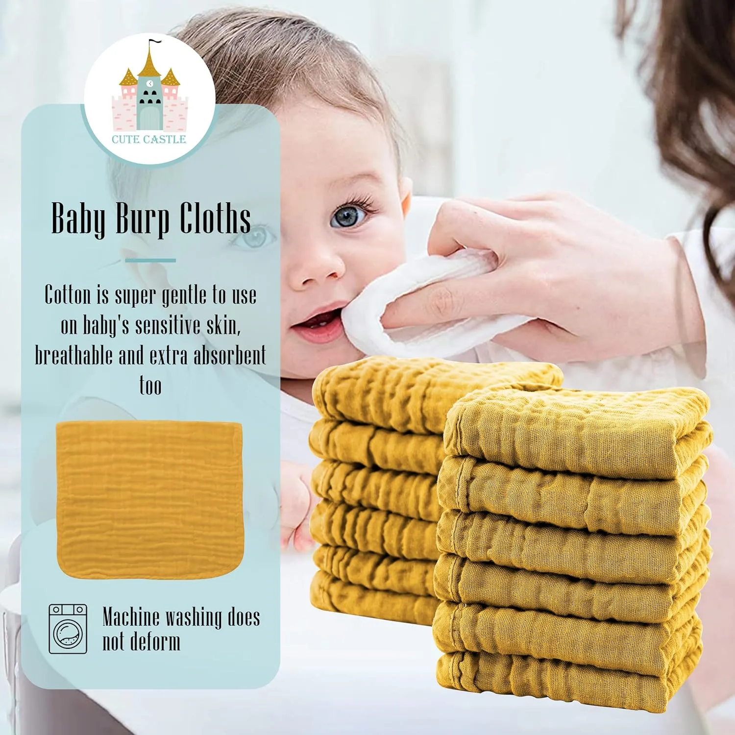 Cute Castle 12 Pack Muslin Burp Cloths for Baby - Ultra-Soft 100% Cotton Baby Washcloths - Large 20'' by 10'' Super Absorbent Milk Spit Up Rags - Burpy Cloths for Unisex, Boy, Girl - Honey