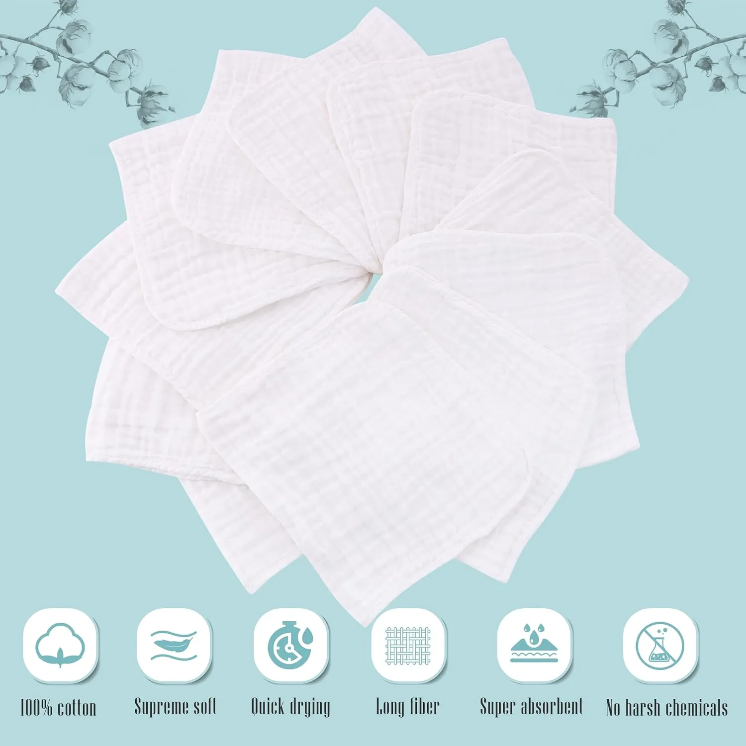 Cute Castle 12 Pack Muslin Burp Cloths for Baby - Ultra-Soft 100% Cotton Baby Washcloths - Large 20'' by 10'' Super Absorbent Milk Spit Up Rags - Burpy Cloths for Unisex, Boy, Girl - White