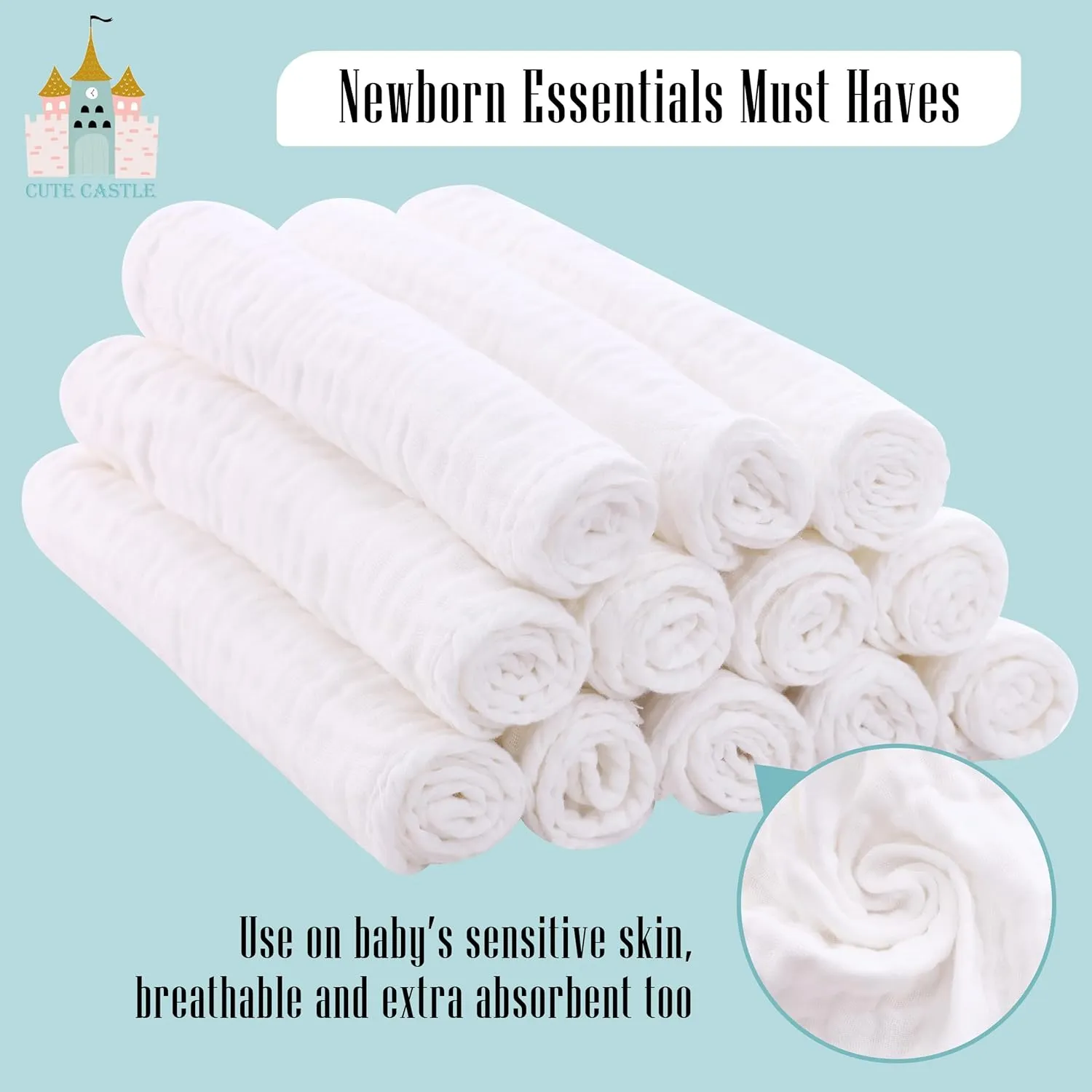 Cute Castle 12 Pack Muslin Burp Cloths for Baby - Ultra-Soft 100% Cotton Baby Washcloths - Large 20'' by 10'' Super Absorbent Milk Spit Up Rags - Burpy Cloths for Unisex, Boy, Girl - White