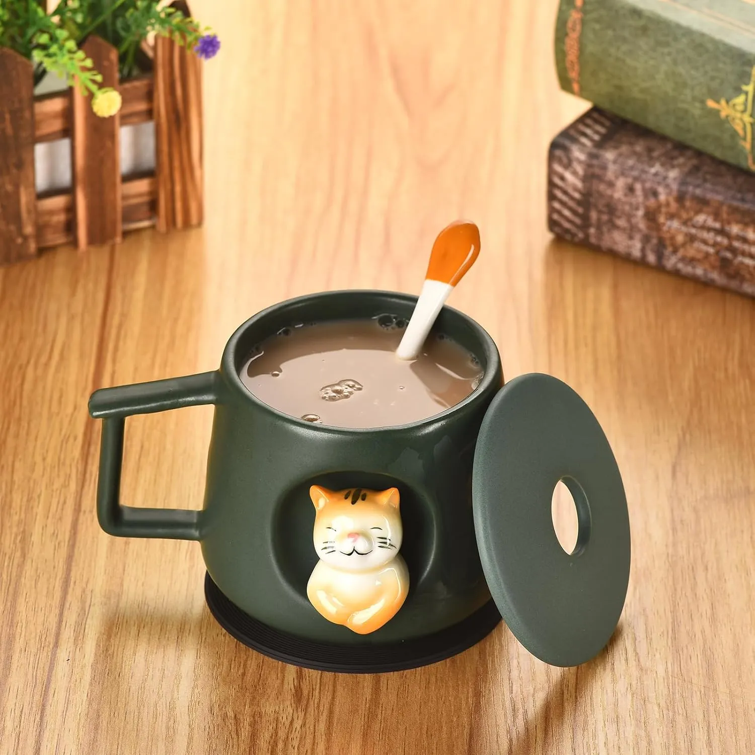 Cute Cat 3D Animal Hand Painted Tea Coffee Milk Ceramic Cup 14 oz,Handmade Figurine Mugs,Ideal Cat Lover Gifts Birthday Gifts for Women (Dark Green)