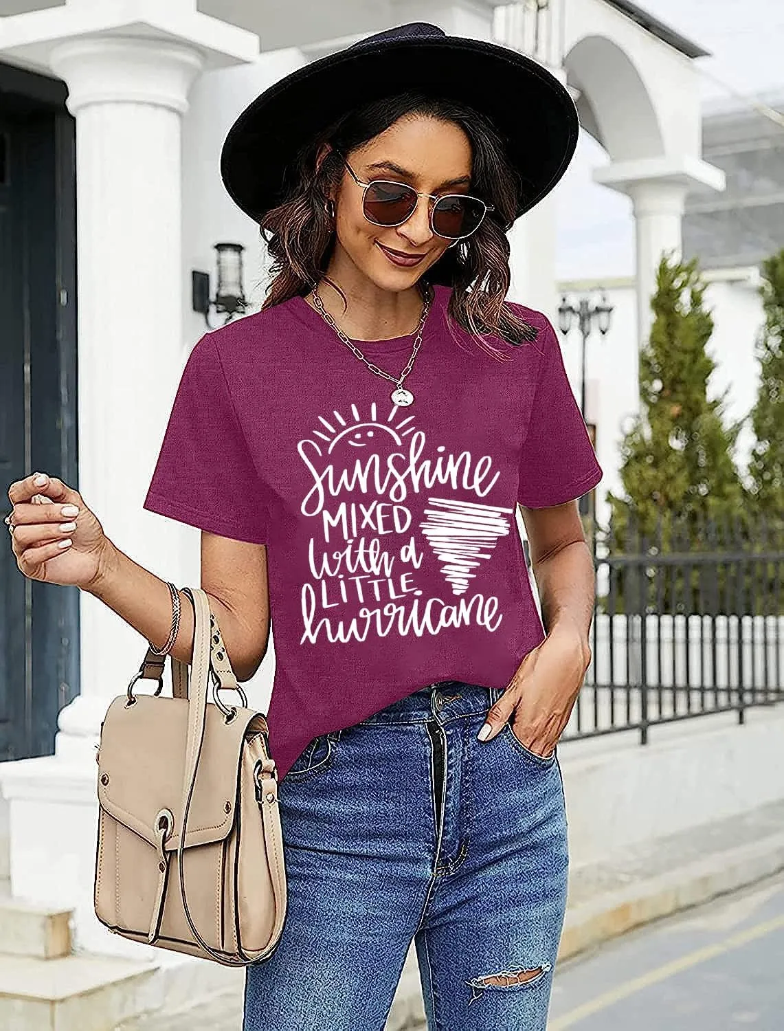 Cute Graphic Tees for Women Sunshine Mixed with A Little Hurricane Funny Saying Letter Print T Shirt