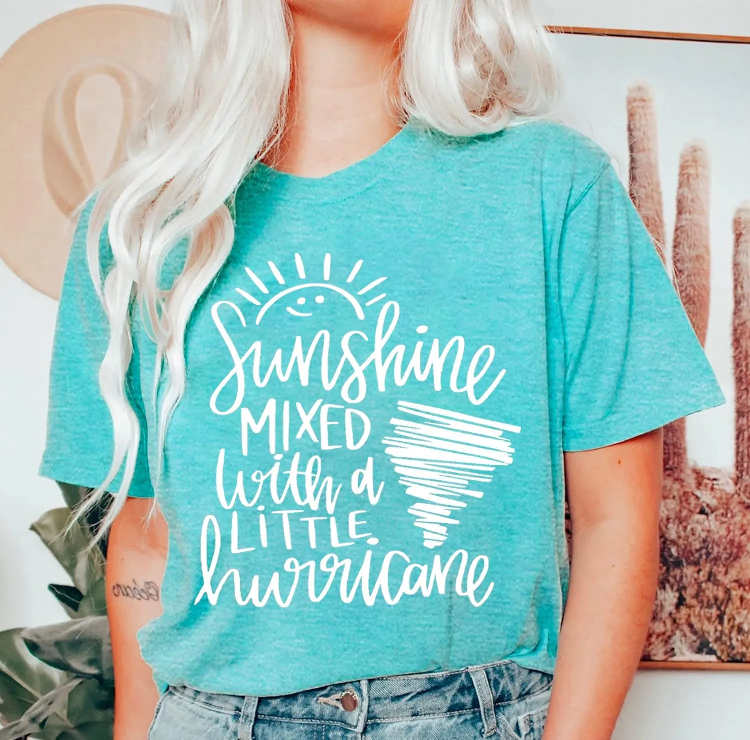 Cute Graphic Tees for Women Sunshine Mixed with A Little Hurricane Funny Saying Letter Print T Shirt