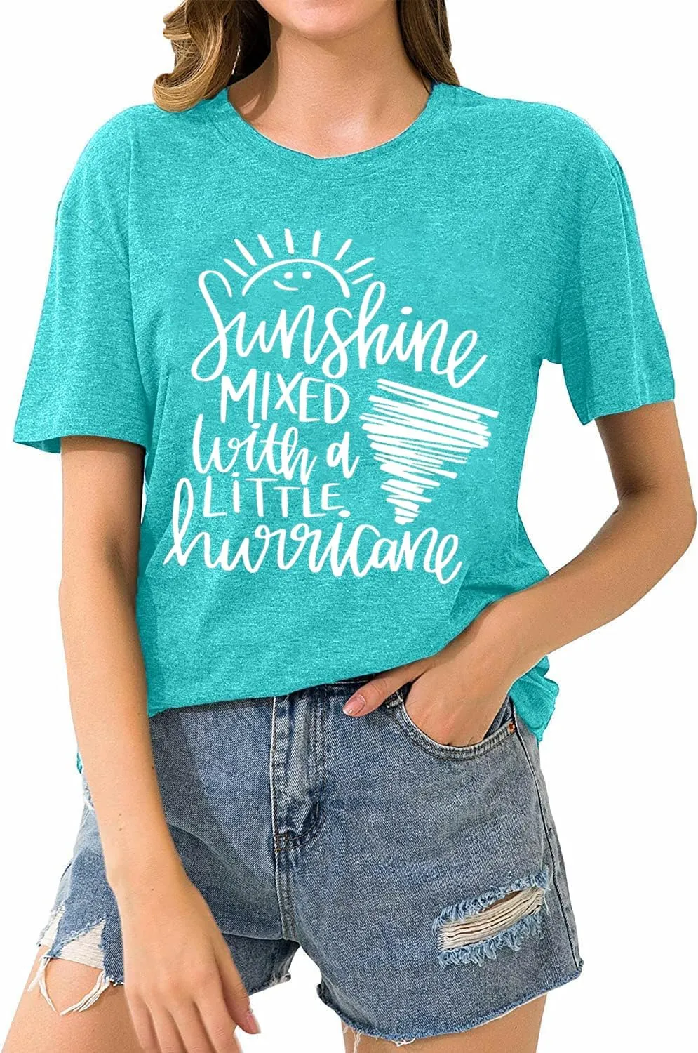 Cute Graphic Tees for Women Sunshine Mixed with A Little Hurricane Funny Saying Letter Print T Shirt