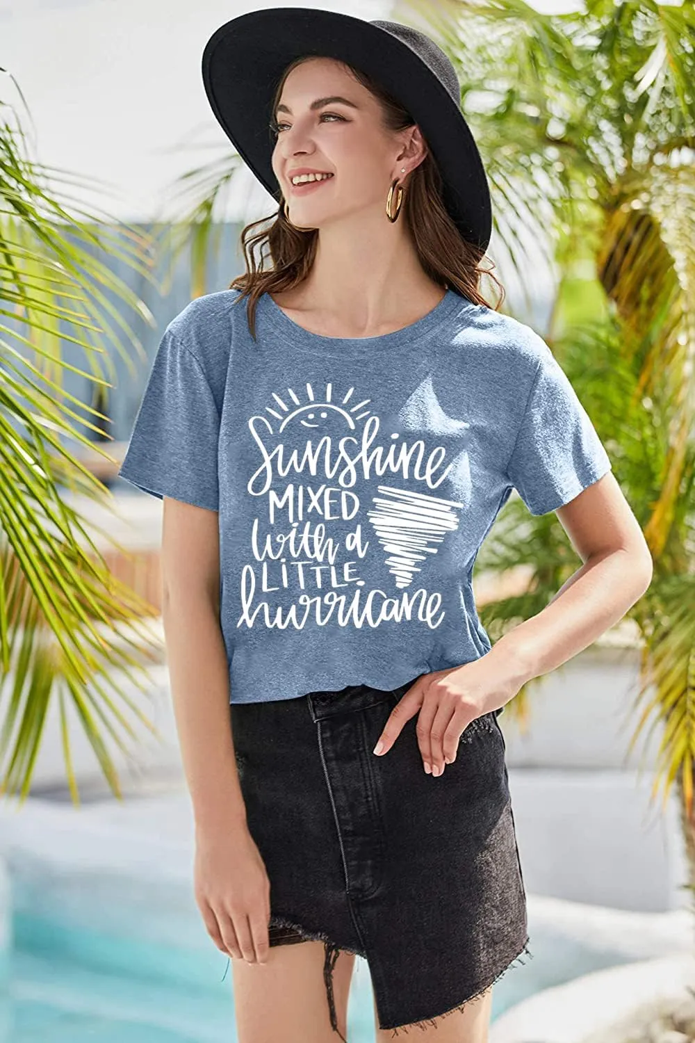 Cute Graphic Tees for Women Sunshine Mixed with A Little Hurricane Funny Saying Letter Print T Shirt