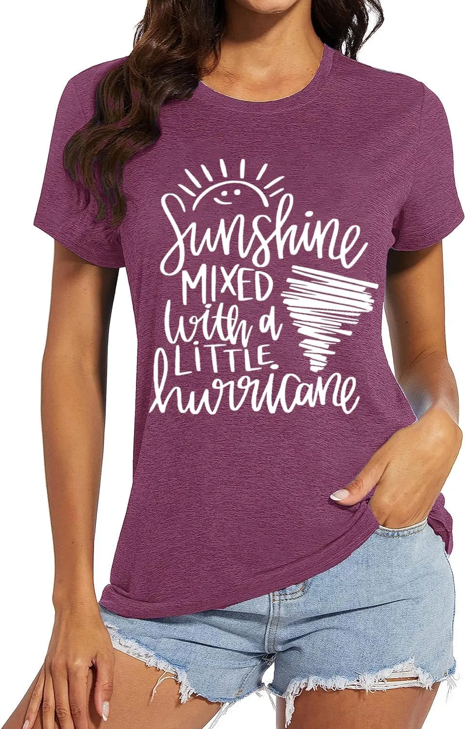 Cute Graphic Tees for Women Sunshine Mixed with A Little Hurricane Funny Saying Letter Print T Shirt