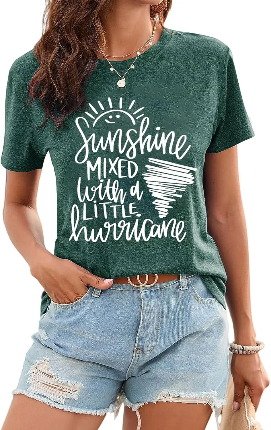 Cute Graphic Tees for Women Sunshine Mixed with A Little Hurricane Funny Saying Letter Print T Shirt
