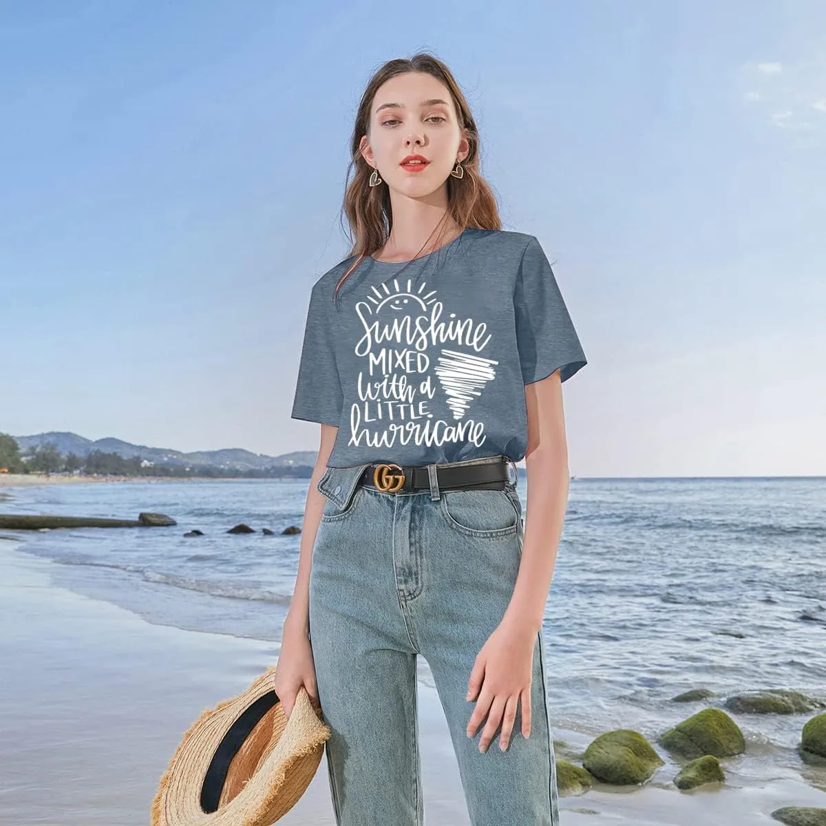 Cute Graphic Tees for Women Sunshine Mixed with A Little Hurricane Funny Saying Letter Print T Shirt