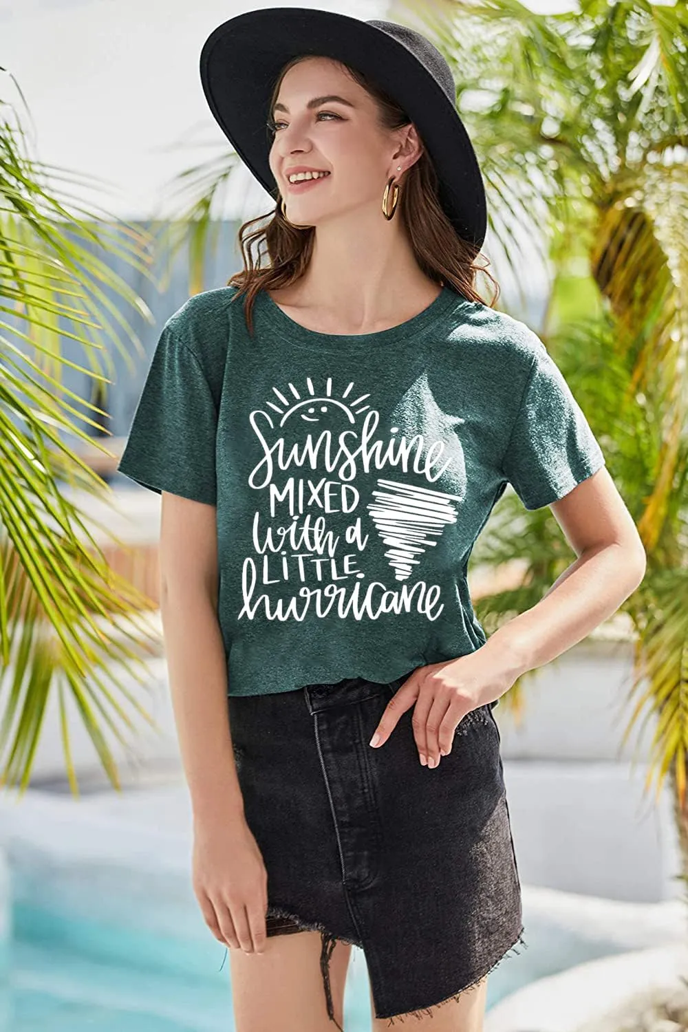 Cute Graphic Tees for Women Sunshine Mixed with A Little Hurricane Funny Saying Letter Print T Shirt