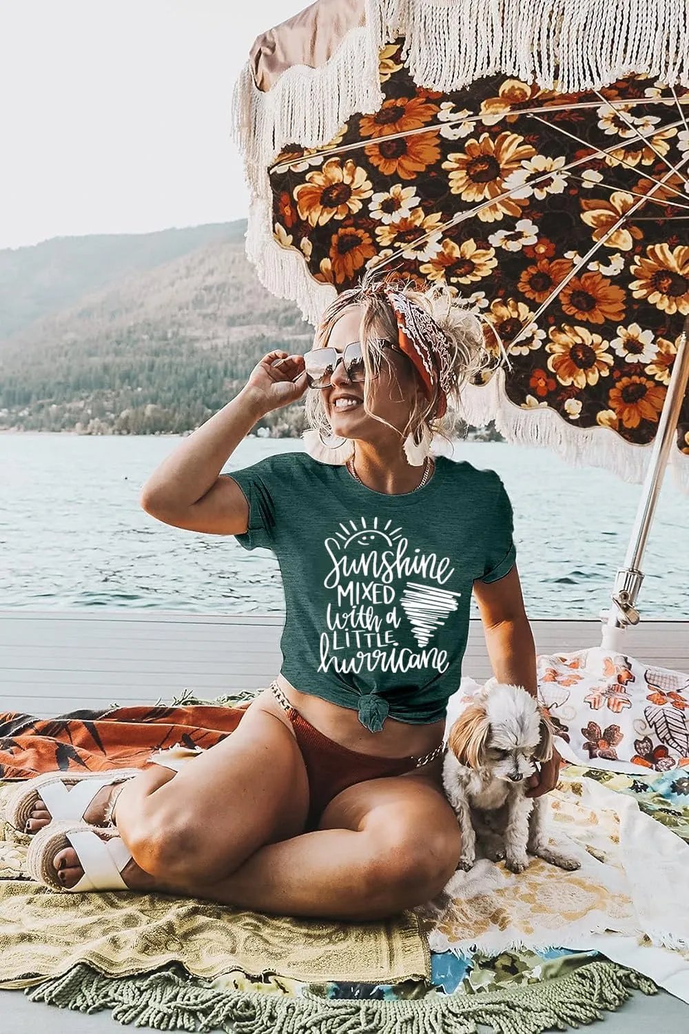 Cute Graphic Tees for Women Sunshine Mixed with A Little Hurricane Funny Saying Letter Print T Shirt