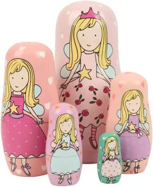 Cute Lovely Angel Princess with Pink Purple Green Dress Handmade Nesting Dolls Matryoshka Dolls Russian Dolls Set 5 Pieces Kids Girls Gifts Toy Home Decoration