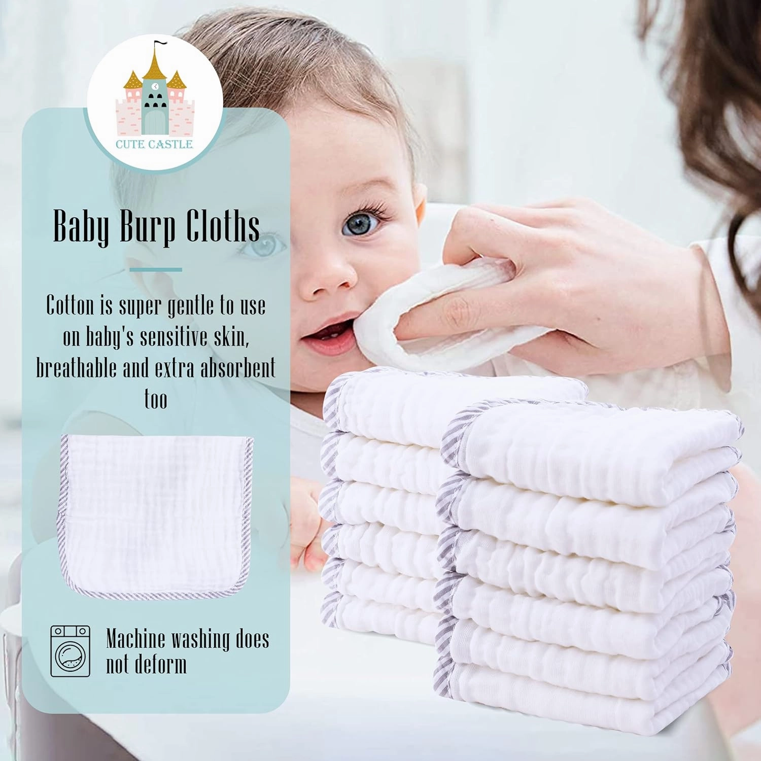 Cute Castle 12 Pack Muslin Burp Cloths for Baby - Ultra-Soft 100% Cotton Baby Washcloths - Large 20'' by 10'' Super Absorbent Milk Spit Up Rags - Burpy Cloths for Unisex, Boy, Girl - Stripe