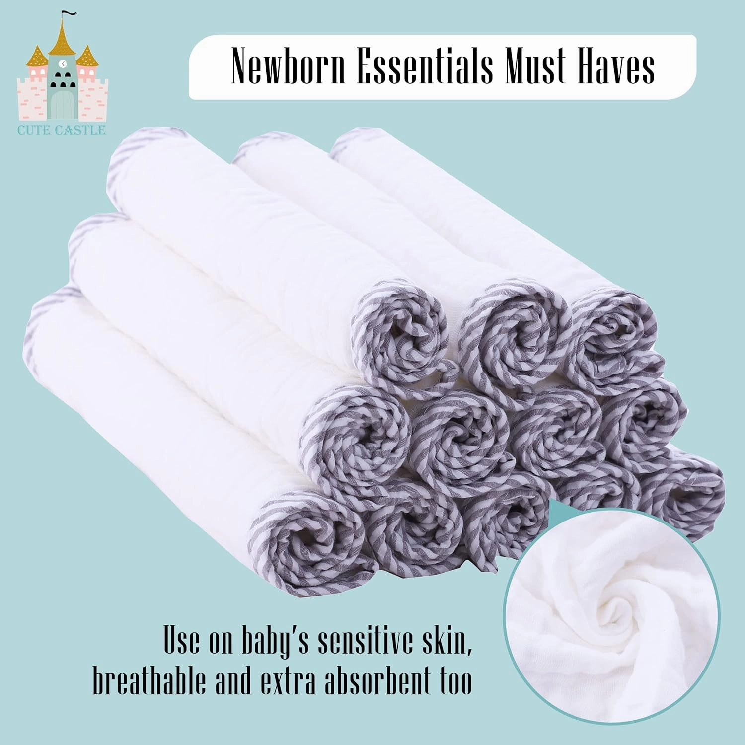 Cute Castle 12 Pack Muslin Burp Cloths for Baby - Ultra-Soft 100% Cotton Baby Washcloths - Large 20'' by 10'' Super Absorbent Milk Spit Up Rags - Burpy Cloths for Unisex, Boy, Girl - Stripe