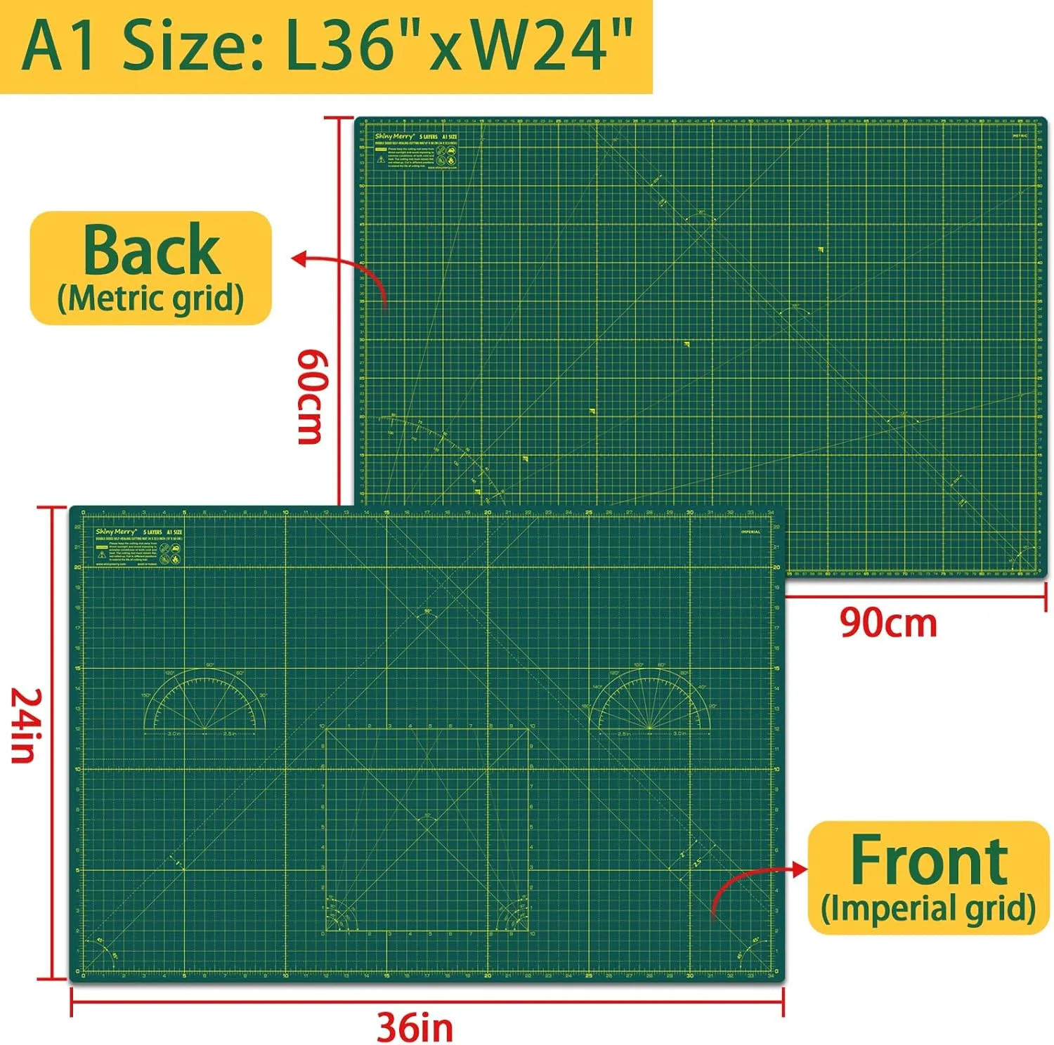 Cutting Mat A1 around 24" x 36", Self Healing cutting mat Double Sided 5-Ply Cutting Mats for Crafts, Fabric, Sewing, Quilting, Workbench, Scrapbooking, Projects, Green/Green -Shiny Merry