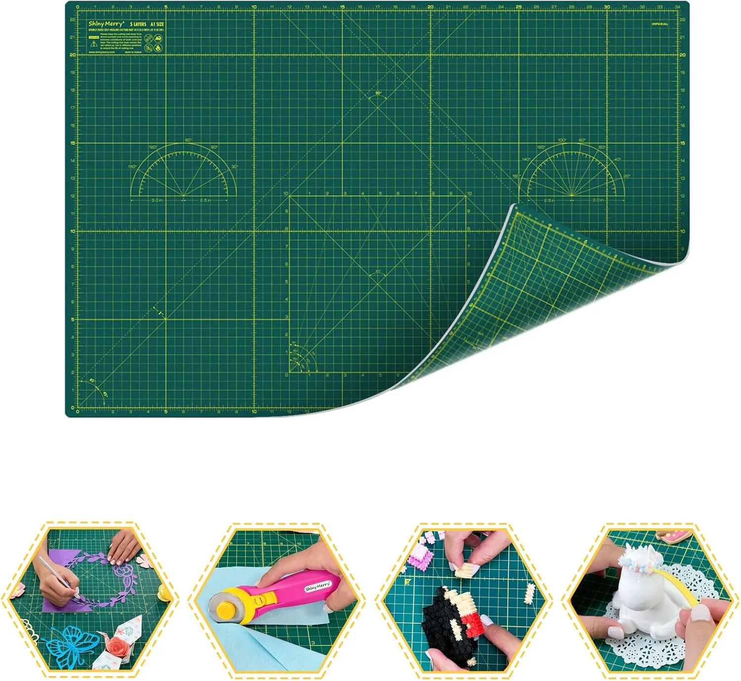 Cutting Mat A1 around 24" x 36", Self Healing cutting mat Double Sided 5-Ply Cutting Mats for Crafts, Fabric, Sewing, Quilting, Workbench, Scrapbooking, Projects, Green/Green -Shiny Merry