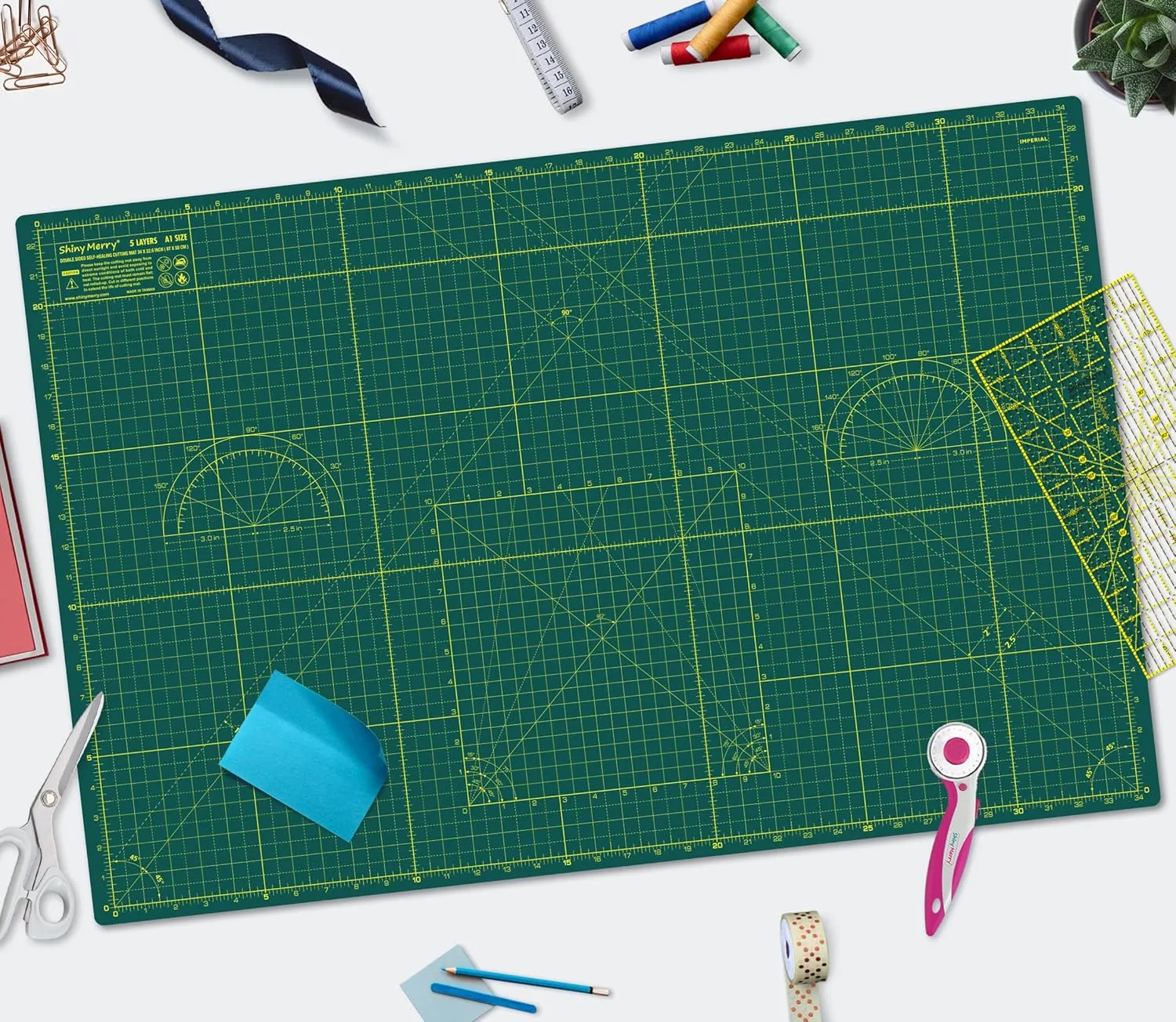 Cutting Mat A1 around 24" x 36", Self Healing cutting mat Double Sided 5-Ply Cutting Mats for Crafts, Fabric, Sewing, Quilting, Workbench, Scrapbooking, Projects, Green/Green -Shiny Merry