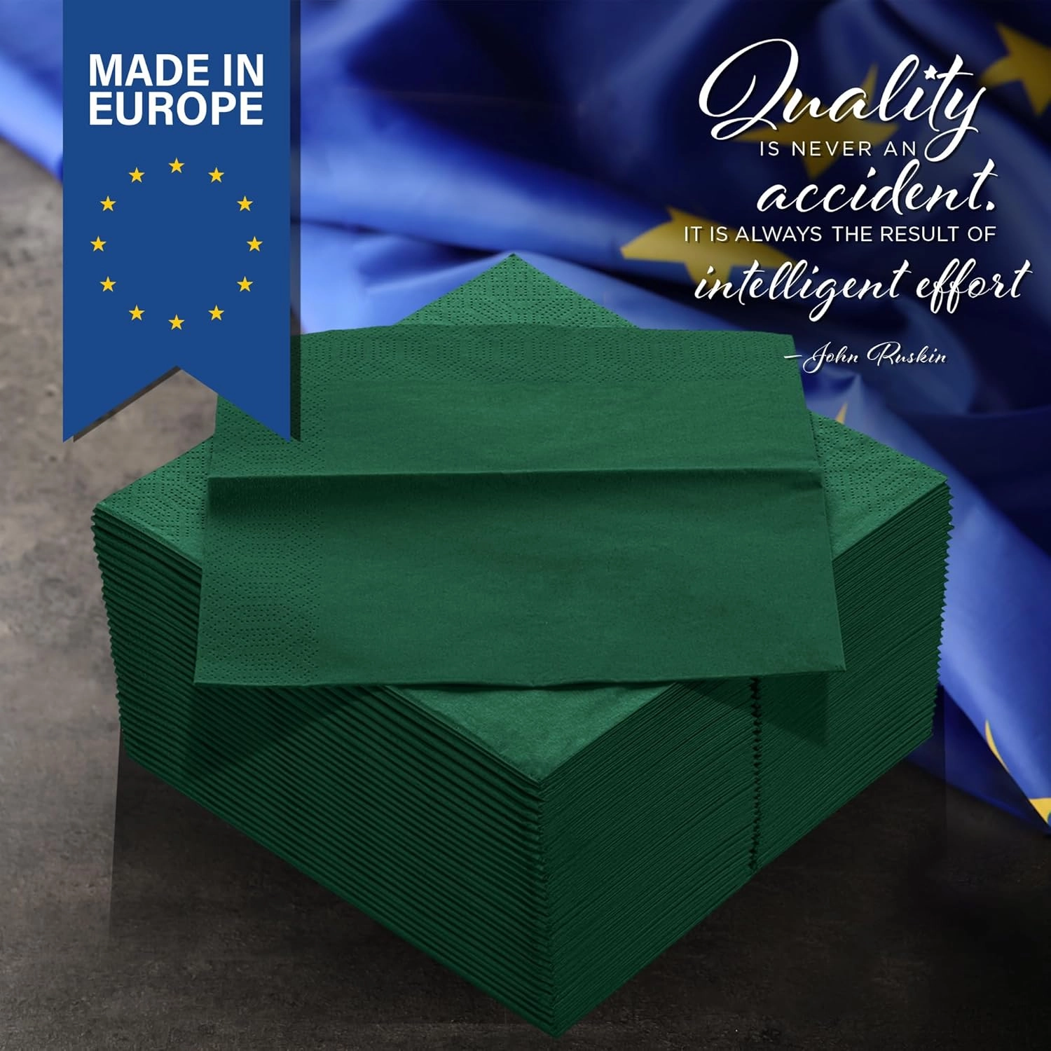 Dark Green Dinner Napkins, 3-Ply Disposable Paper Napkins-Bar 1/8 Folded, Dinners, Weddings, Birthday, EU Made, (250 Count)