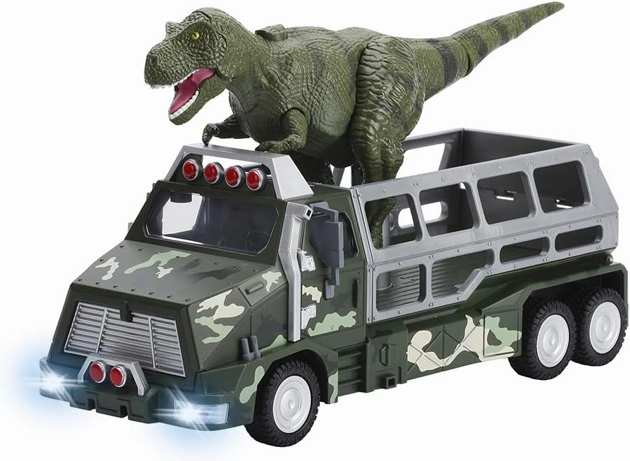 Dazmers Dinosaur Transport Truck - Toy Die-Cast Jurassic World Transporter Jungle Truck and Durable 9 Inch Tall Tyrannosaurs Rex Dinosaur Toy - Fun Dinosaur Playset for Kids Ages 3 and Up