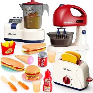 deAO Play Kitchen Appliances Toy Set with Blender, Mixer,Toaster and Play Food,Kids Kitchen Accessories Pretend Play Kitchen Toys Playset with Sounds for Kids Ages 3 