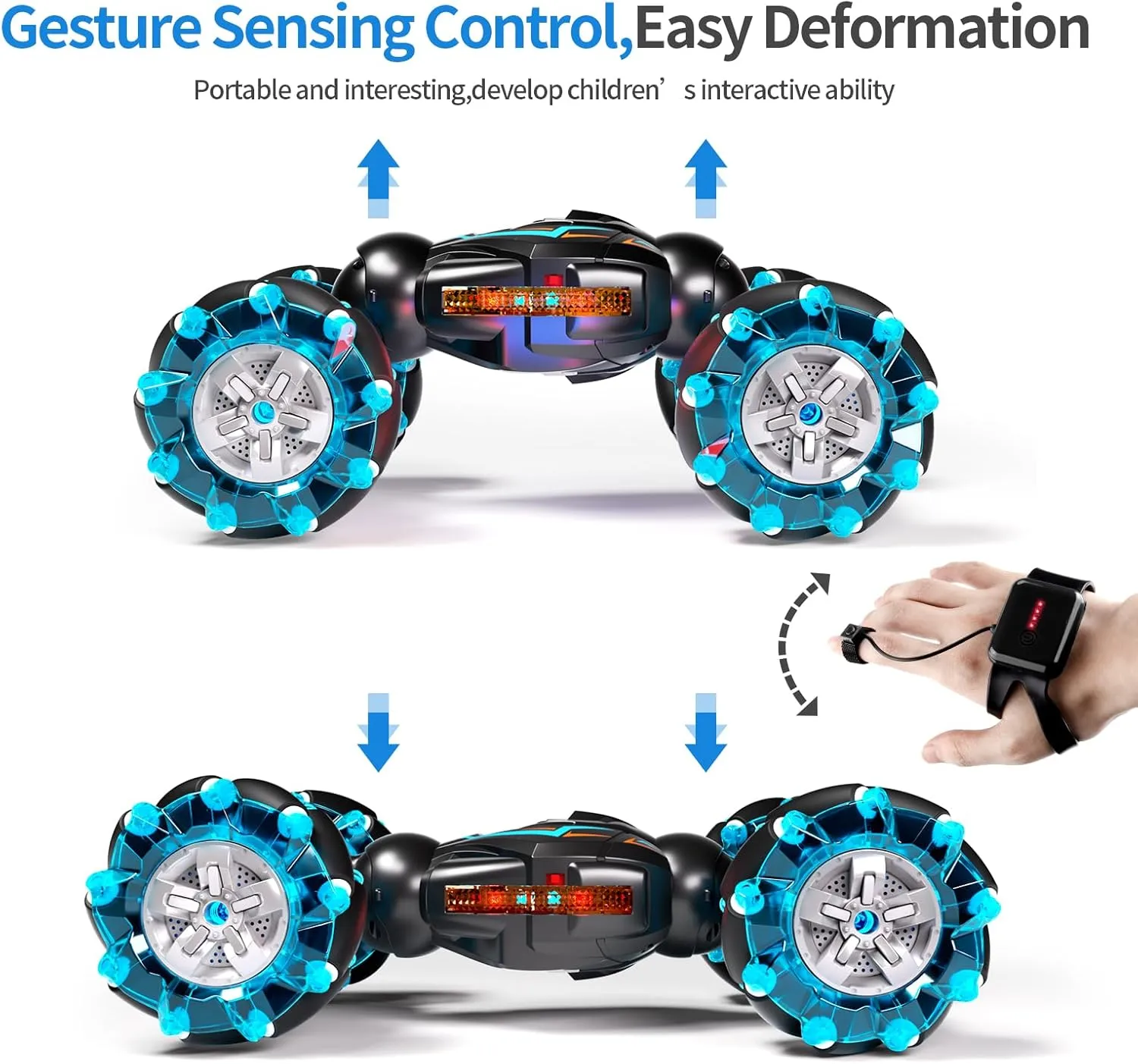Deejoy 1:12 RC Stunt Car, 2.4GHz 4WD Remote Control Gesture Sensor Toy Cars, Double Sided Rotating Off Road Vehicle 360° Flips with Lights Music, for Boys & Girls Birthday