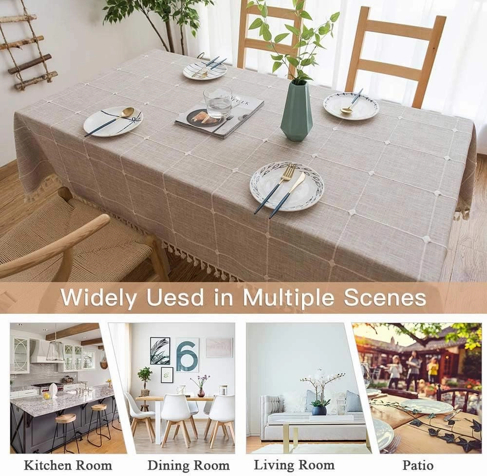 Deep Dream Tablecloths, Embroidered Waterproof Table Cloth Cotton Linen Wrinkle Free Anti-Fading Table Cover Decoration for Kitchen Dinning Party Christmas, 55 x 120 Inch - Light Brown