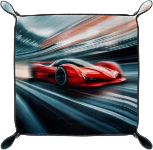 Dice Trays Red Racing Car Holder Storage Box for Dice Games Like RPG DND, Microfiber Leather Dice Holder Portable Folding Rolling Dice Tray, 20.5x20.5cm