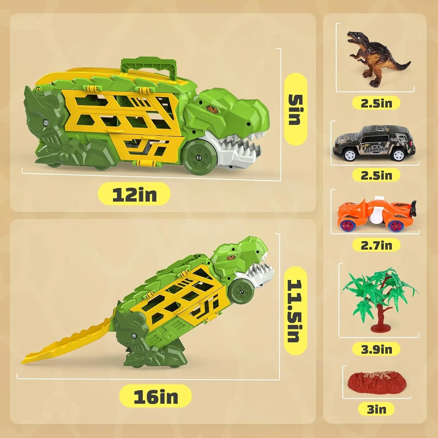 Dino Transporter Truck Toy with 4 Cars – Dinosaur Head Launcher & Extendable Race Track, Storage Carry Case for Kids, Toddlers, Boys & Girls Ages 3 