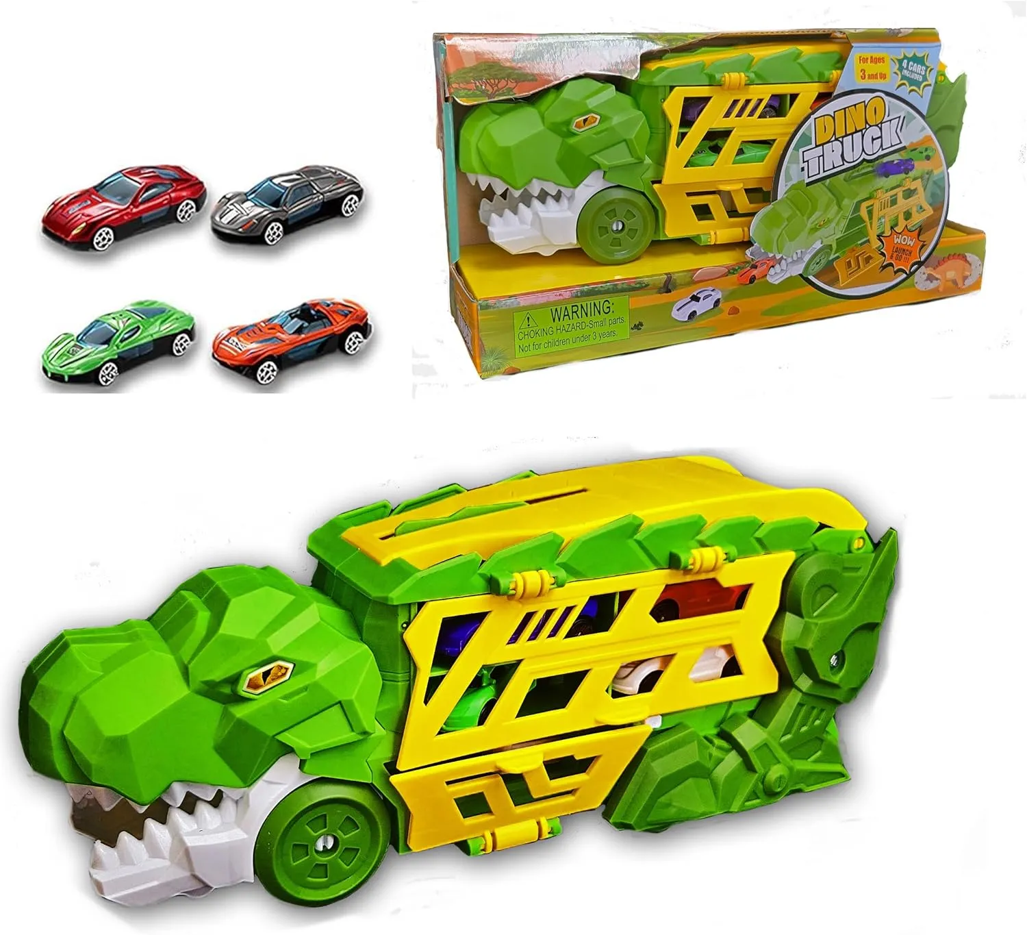 Dino Transporter Truck Toy with 4 Cars – Dinosaur Head Launcher & Extendable Race Track, Storage Carry Case for Kids, Toddlers, Boys & Girls Ages 3 
