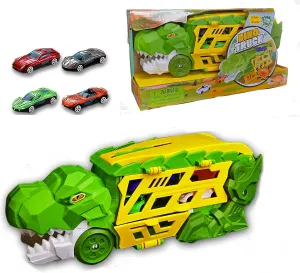Dino Transporter Truck Toy with 4 Cars – Dinosaur Head Launcher & Extendable Race Track, Storage Carry Case for Kids, Toddlers, Boys & Girls Ages 3 