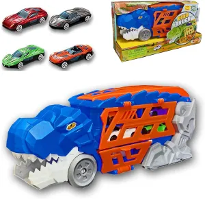 Dinosaur Car Transporter Truck Toy with Launcher & Slide-Out Track – Includes 4 Die-Cast Cars, Dino Head Push Launcher, Storage Case & Carry Handle