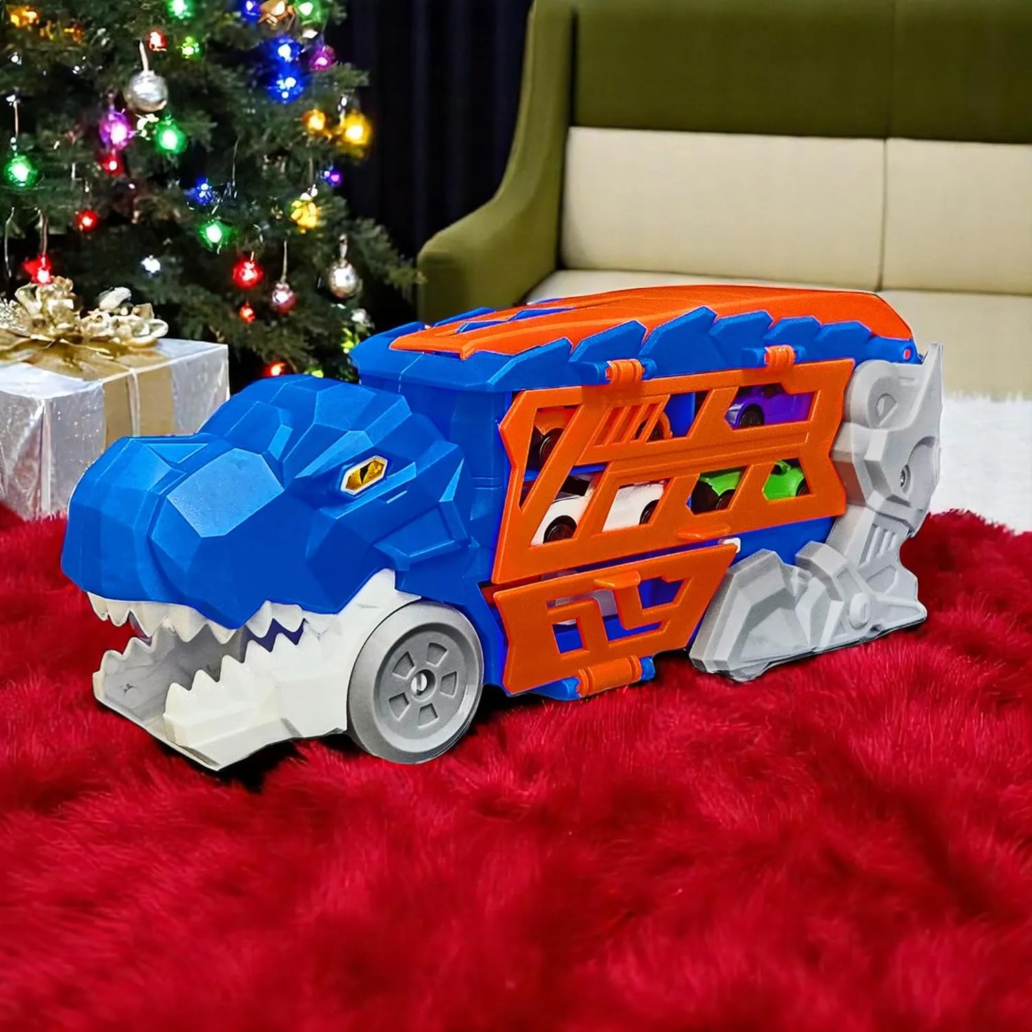 Dinosaur Car Transporter Truck Toy with Launcher & Slide-Out Track – Includes 4 Die-Cast Cars, Dino Head Push Launcher, Storage Case & Carry Handle