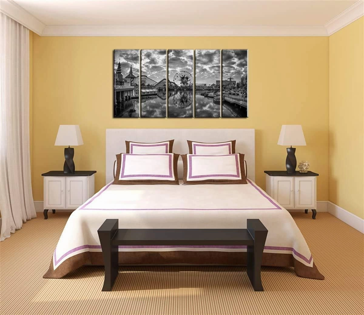 Disney Canvas Wall Art Large Black and White Cityscape Panoramic Skyline Wall Decor Ferris Wheel Picture Canvas Print for Bedroom USA Anime Amusement Park Painting Artwork Home Decoration 12x32” 5 Pcs
