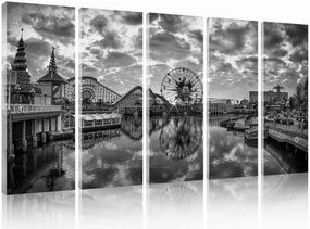 Disney Canvas Wall Art Large Black and White Cityscape Panoramic Skyline Wall Decor Ferris Wheel Picture Canvas Print for Bedroom USA Anime Amusement Park Painting Artwork Home Decoration 12x32” 5 Pcs