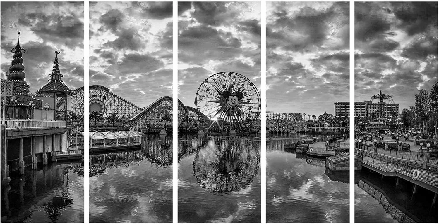 Disney Canvas Wall Art Large Black and White Cityscape Panoramic Skyline Wall Decor Ferris Wheel Picture Canvas Print for Bedroom USA Anime Amusement Park Painting Artwork Home Decoration 12x32” 5 Pcs