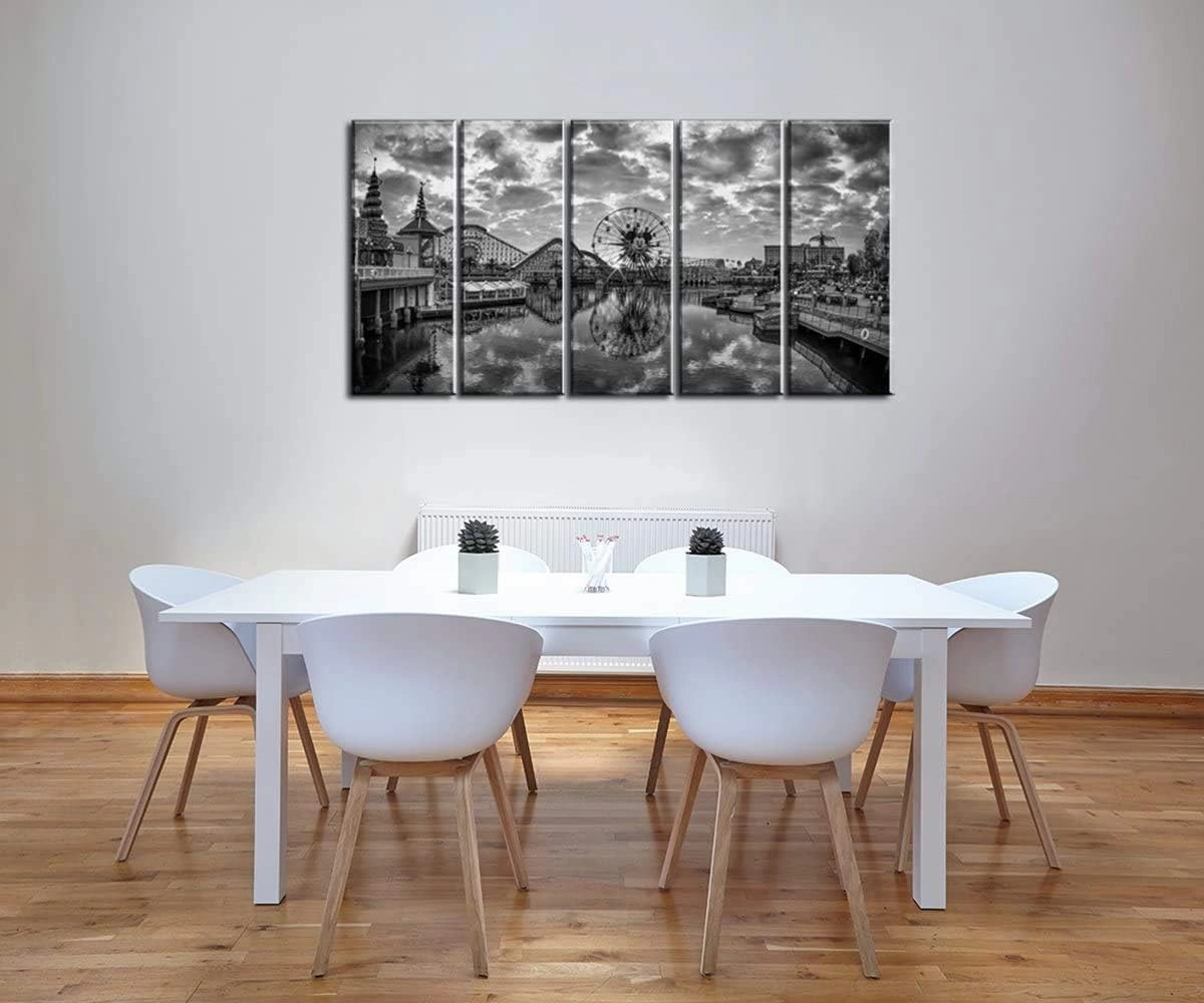 Disney Canvas Wall Art Large Black and White Cityscape Panoramic Skyline Wall Decor Ferris Wheel Picture Canvas Print for Bedroom USA Anime Amusement Park Painting Artwork Home Decoration 12x32” 5 Pcs