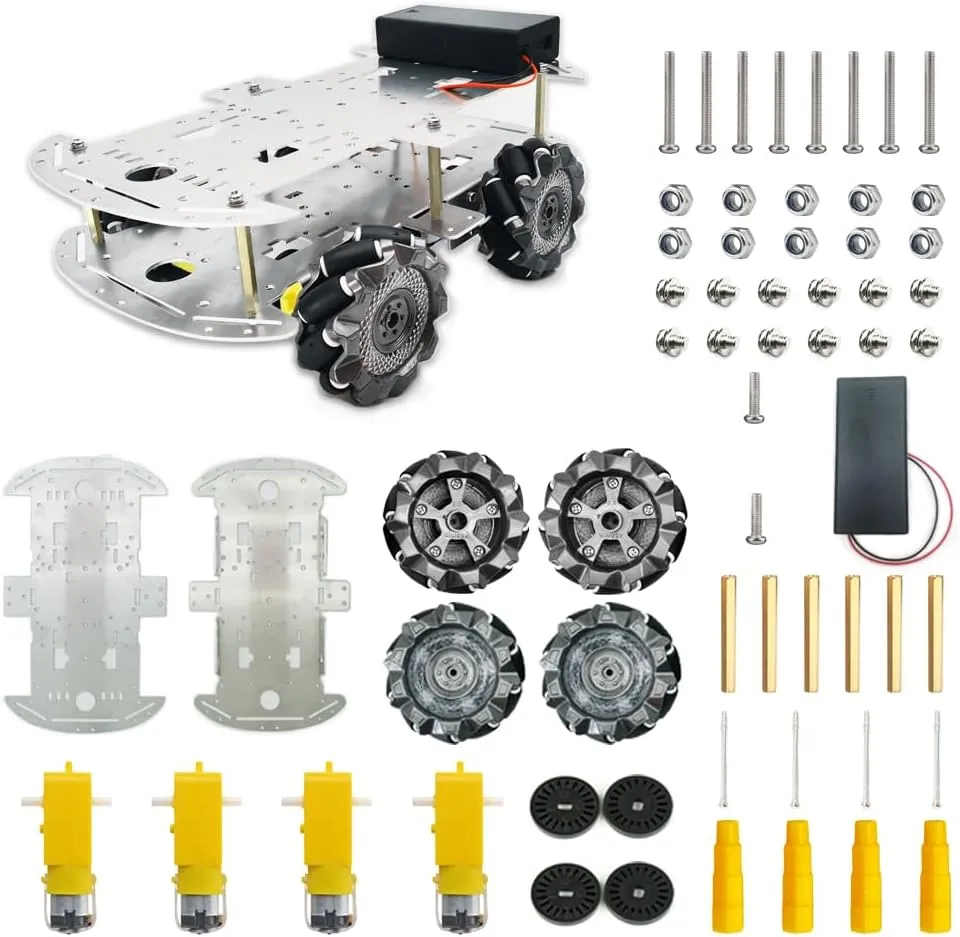 DIY Mecanum Wheel Car Kit with Metal Chassis and TT Motor Smart Robot 4WD Omnidirectional Car Educational Toy with Speed Encoder for Arduino/Microbit/Raspberry Pi (Unassembled)