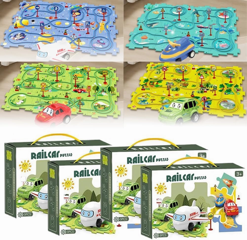 DIY Assembling Electric Trolley, 2023 New Upgrade Toddler Puzzle Track Play Set with Vehicles, Battery-Operated Toy Vehicle & Puzzle Board, RailCar Building Toys for Kids Ages 3  (25PCS, 4 Set Mix)