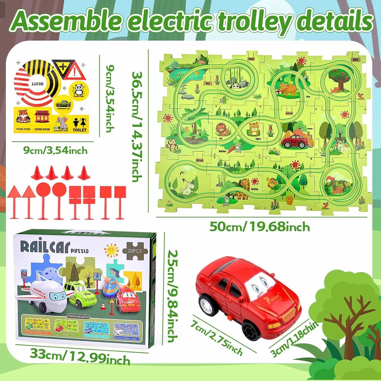 DIY Assembling Electric Trolley, 2023 New Upgrade Toddler Puzzle Track Play Set with Vehicles, Battery-Operated Toy Vehicle & Puzzle Board, RailCar Building Toys for Kids Ages 3  (25PCS, 4 Set Mix)