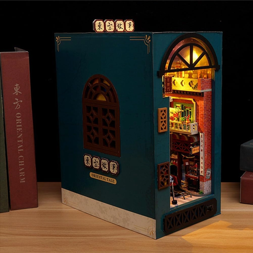DIY Book Nook Kit with Lights,3D Wooden Book Stand Puzzle DIY Miniature House Kit Book Nook Model Building Kit DIY Dollhouse Kit for Adults