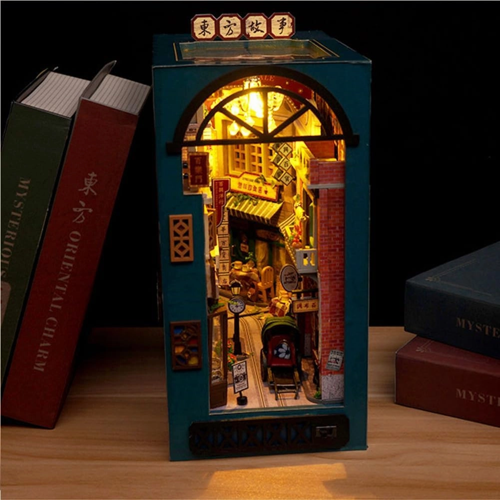 DIY Book Nook Kit with Lights,3D Wooden Book Stand Puzzle DIY Miniature House Kit Book Nook Model Building Kit DIY Dollhouse Kit for Adults