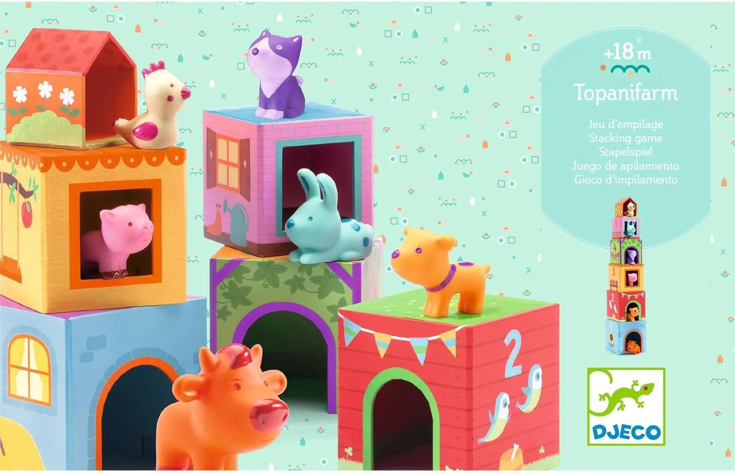 DJECO Topanifarm Blocks - Build a Farm, Wooden Blocks & Animal Toys for Home, School or Gifts - Fun & Creative for Family & Friends - Playful, Educational Toys for Preschool, Kids Months 18 