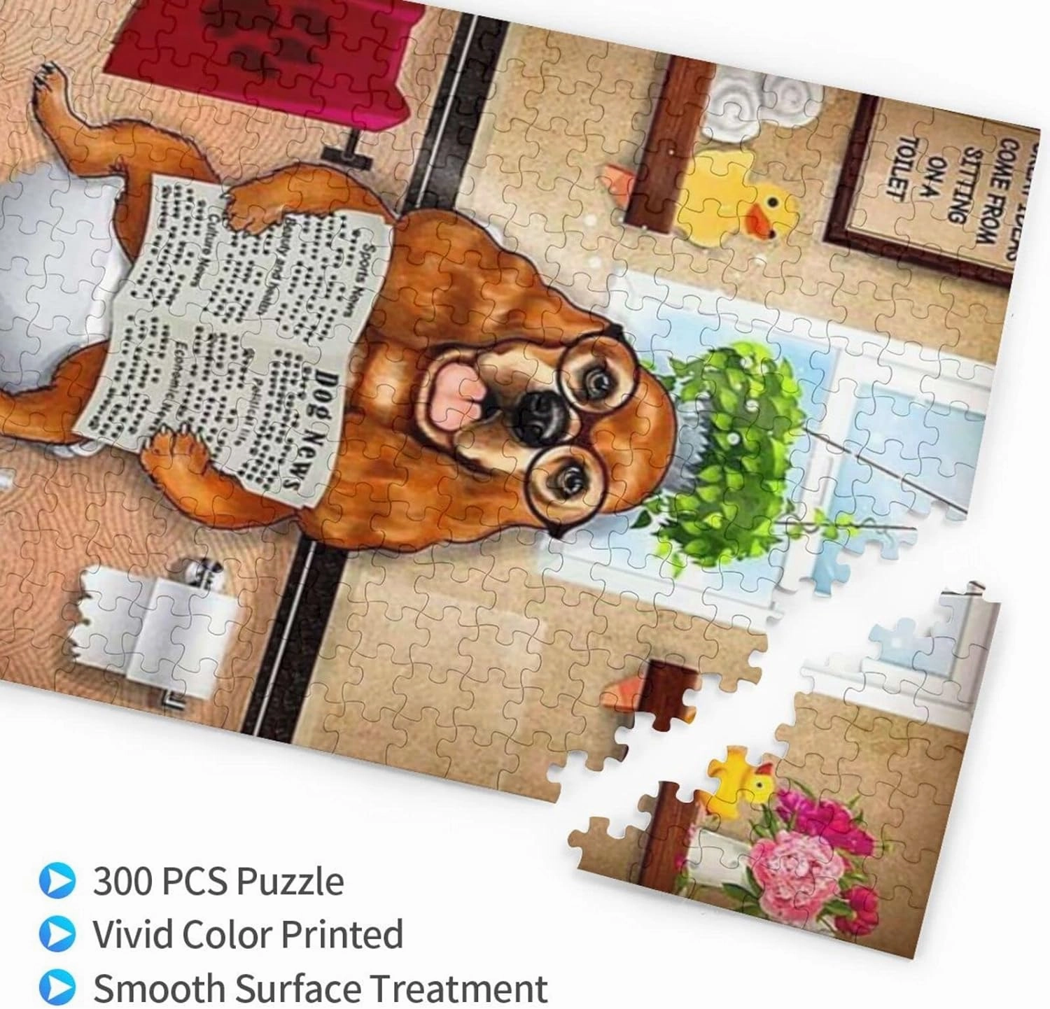 Dog in Bathroom Jigsaw Puzzles 300 Pieces for Adults - Dog Reading Newspaper Animal Wooden Picture Puzzle - Puzzles for Youth Children Home Toilet Decor Funny Game Best Gift Preschool Toys