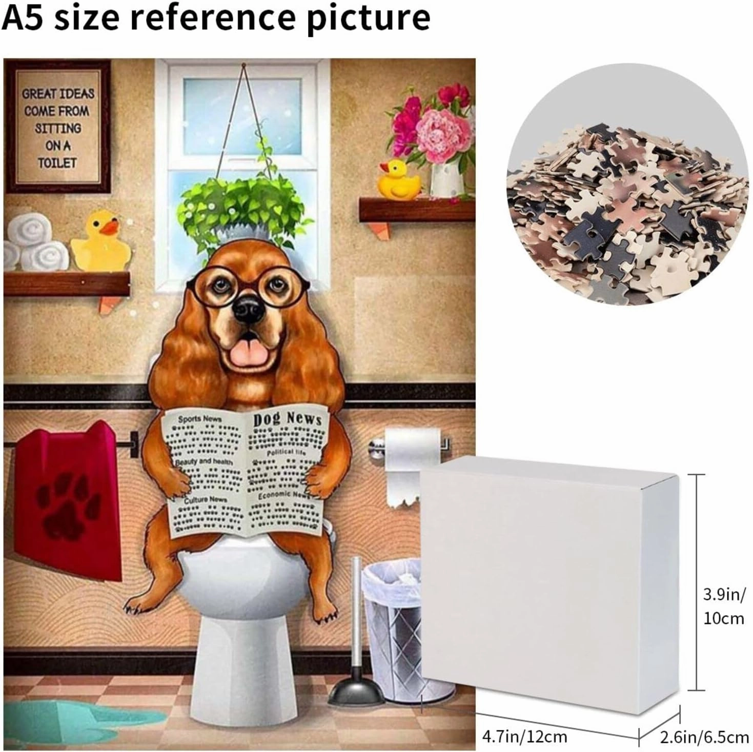 Dog in Bathroom Jigsaw Puzzles 300 Pieces for Adults - Dog Reading Newspaper Animal Wooden Picture Puzzle - Puzzles for Youth Children Home Toilet Decor Funny Game Best Gift Preschool Toys