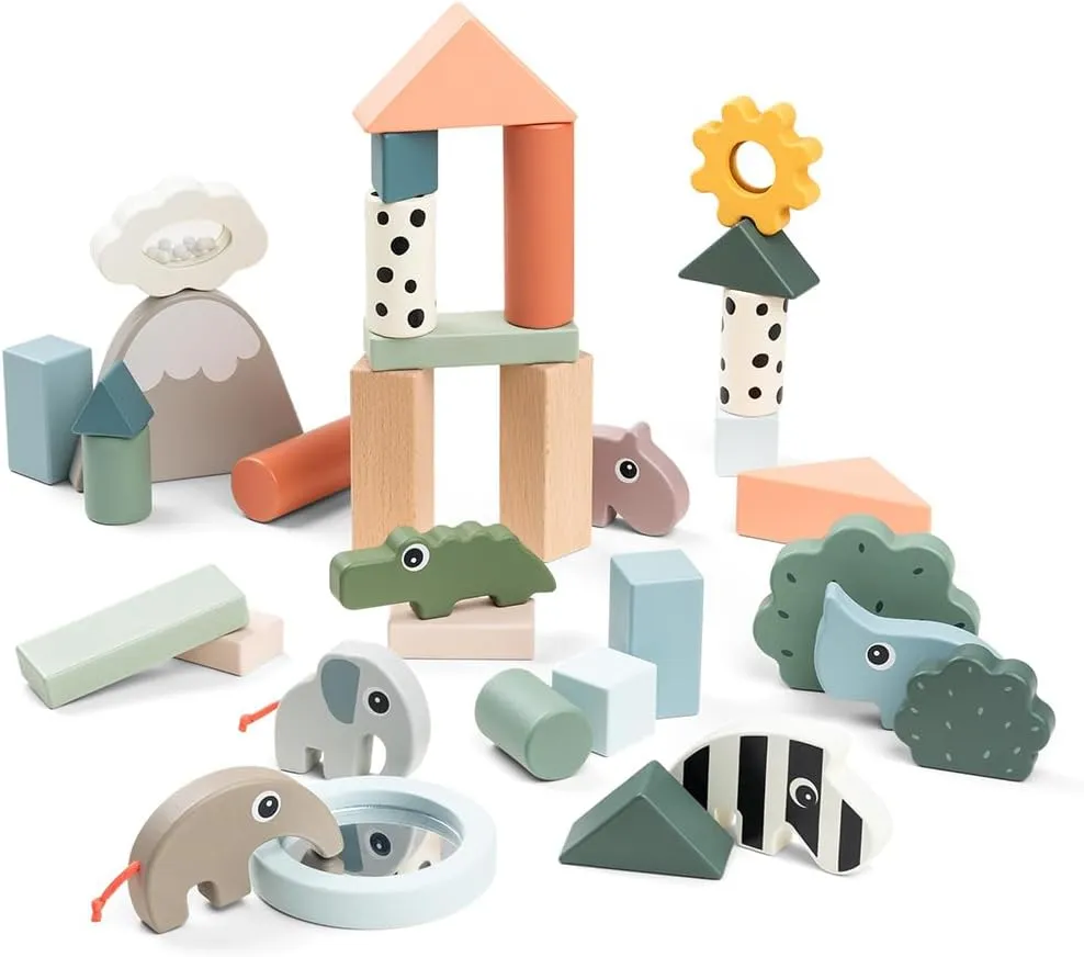 Done by Deer Building Blocks Set 34 pcs - Deer Friends - Colour Mix - Classic and Educational Toddler Activities - Wooden Toy Set for Toddlers - Stacking Toys for Toddlers 1-3, Montessori Play Sets