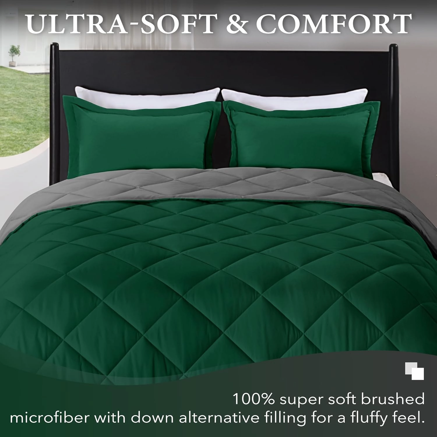 downluxe King Size Comforter Set - Dark Green and Grey King Comforter, Soft Bedding Sets for All Seasons -3 Pieces - 1 Comforter (104"x92") and 2 Pillow Shams(20"x36")
