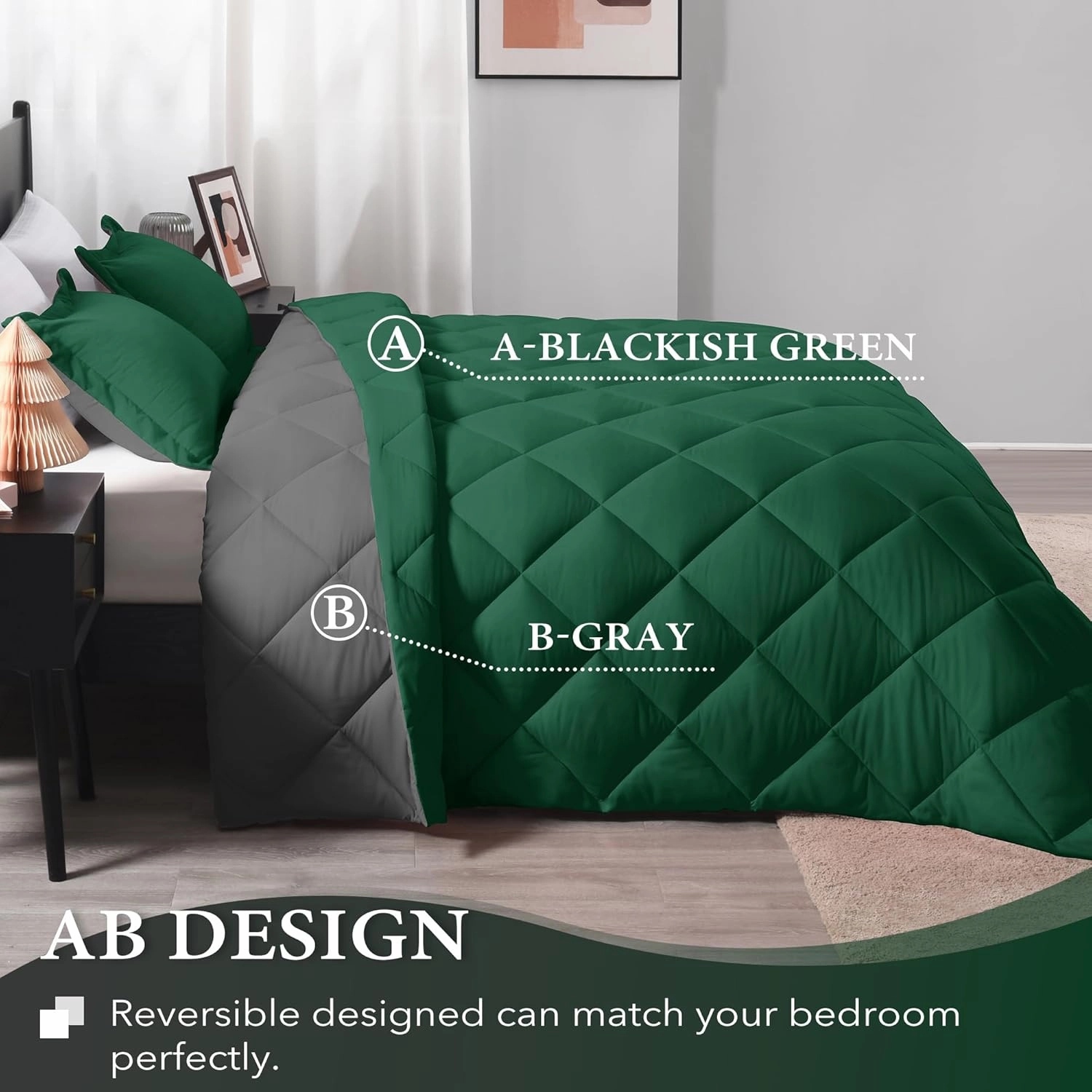 downluxe King Size Comforter Set - Dark Green and Grey King Comforter, Soft Bedding Sets for All Seasons -3 Pieces - 1 Comforter (104"x92") and 2 Pillow Shams(20"x36")